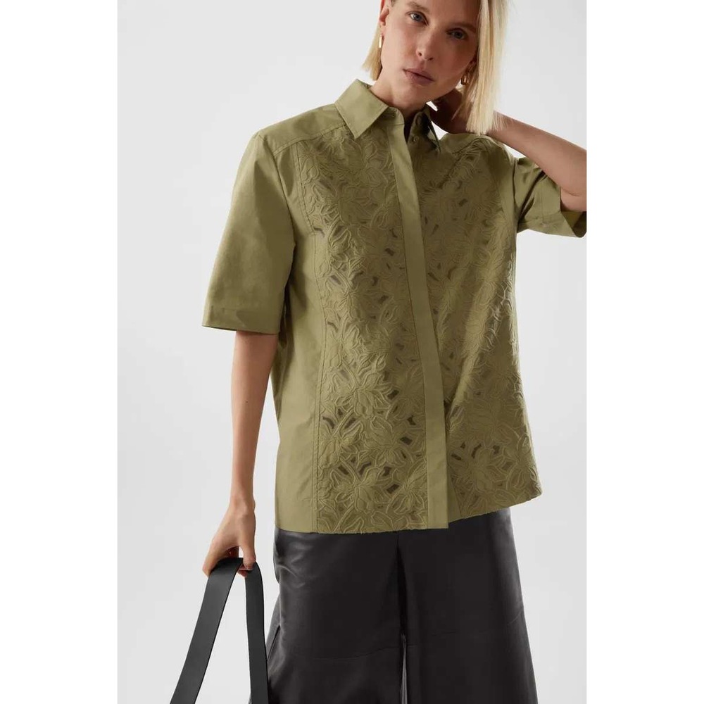 COS Womens Organic Cotton Lace Sheer Button Down Shirt Olive Green Size 8 NWT
